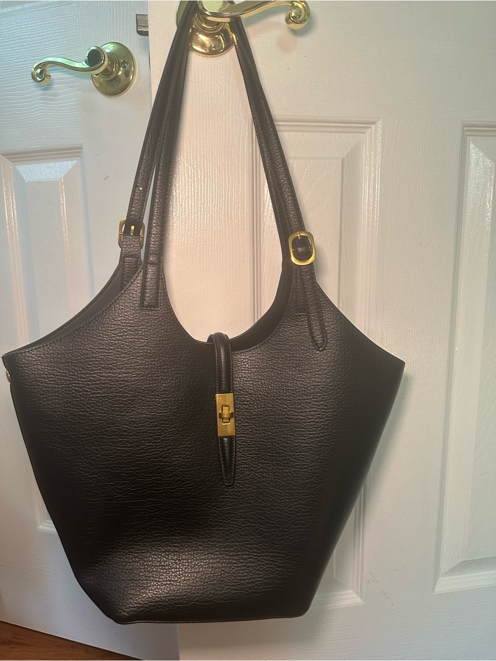 Black Women's Leather Tote Bag with Gold Hardware